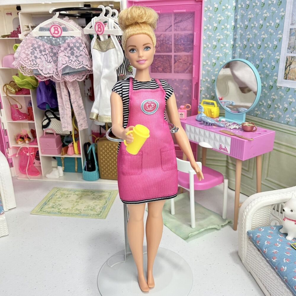 Barbie You Can Be Anything Coffee Shop Barista Doll Curvy Blonde Bun Millie Face
